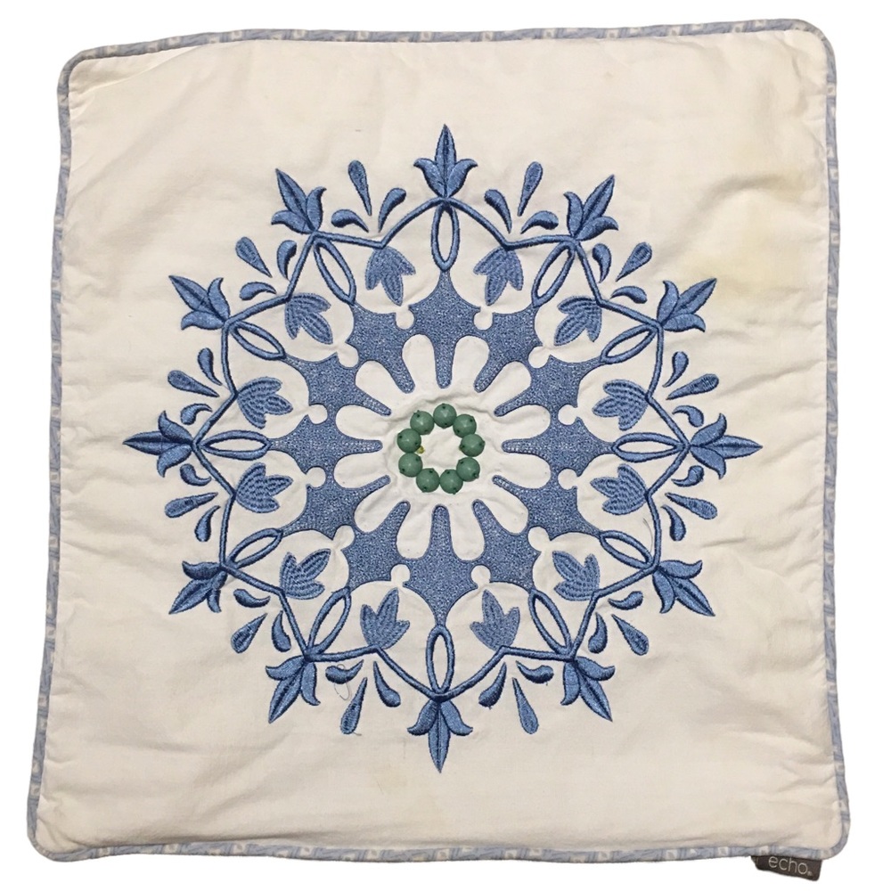 2 ECHO DESIGN Accent emb square pillows blue & white beaded cording